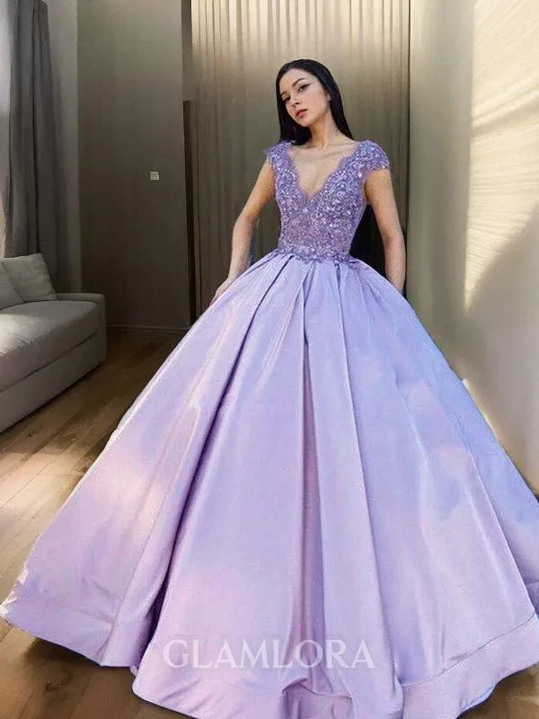 Ball-Gown V-Neck Short Sleeves Floor-Length Satin Romantic Evening Dress With Beading