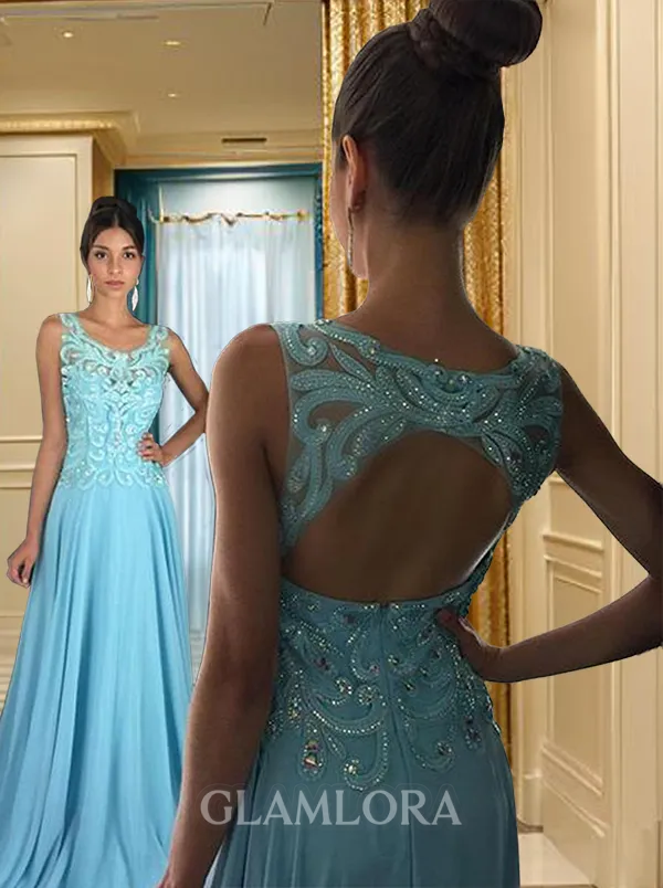 A-line Flattering Scoop Sleeveless Floor-Length Chiffon Evening Dress With Applique