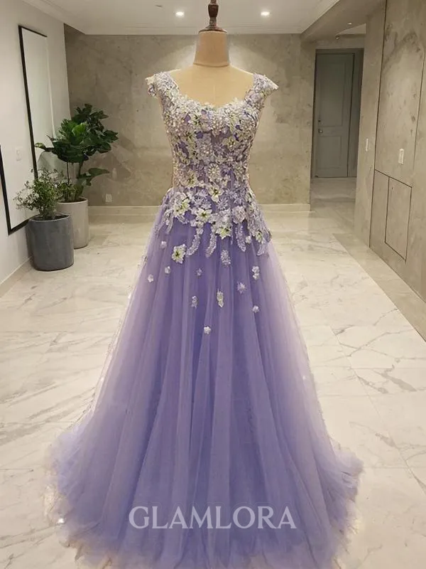 A-line Scoop Graceful Sleeveless Floor-Length Tulle Evening Dress With Applique