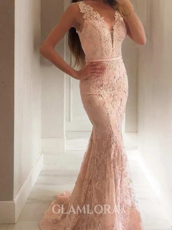 Trumpet/Mermaid V-Neck Sleeveless Curvaceous Sweep Train Lace Evening Dress With Applique