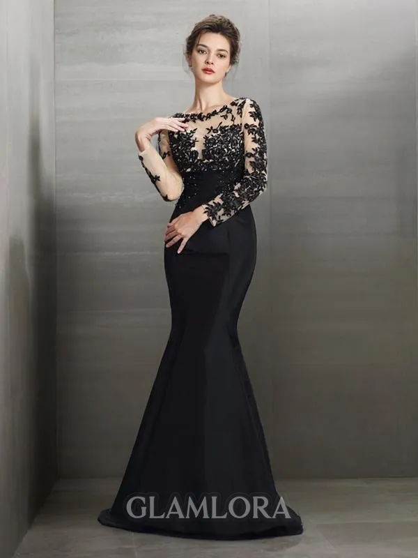 Trumpet/Mermaid Bateau Long Sleeves Sweep Train Seductive Taffeta Evening Dress With Applique