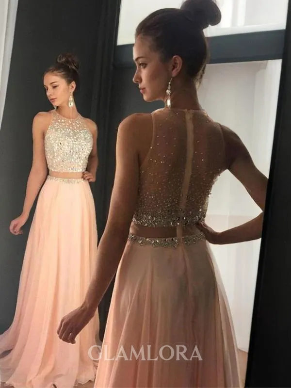 A-line Scoop Sleeveless Sweep Train Chiffon Classic Evening Dress With Beading