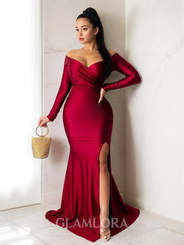 Sheath/Column Off-the-Shoulder Glam Long Sleeves Sweep Train Jersey Evening Dress With Slit