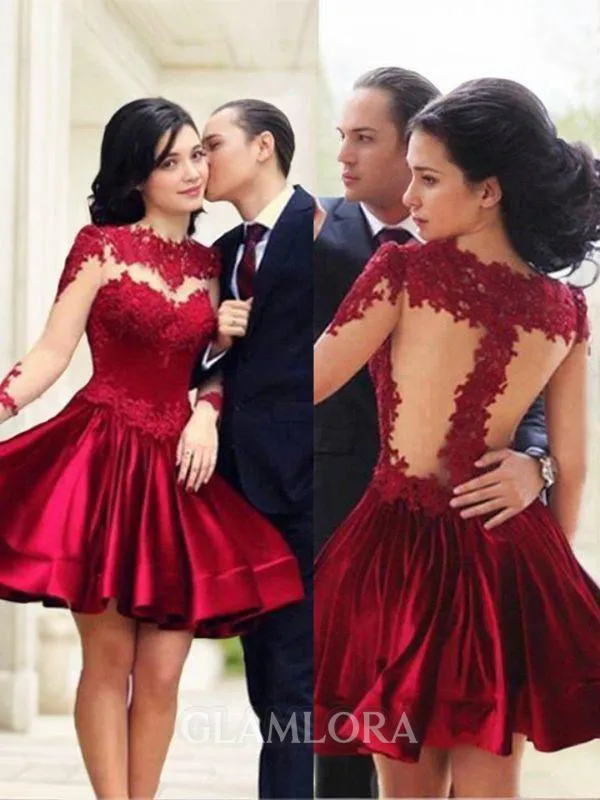 A-line High Neck Long Sleeves Short/Mini Modest Satin Evening Dress With Lace