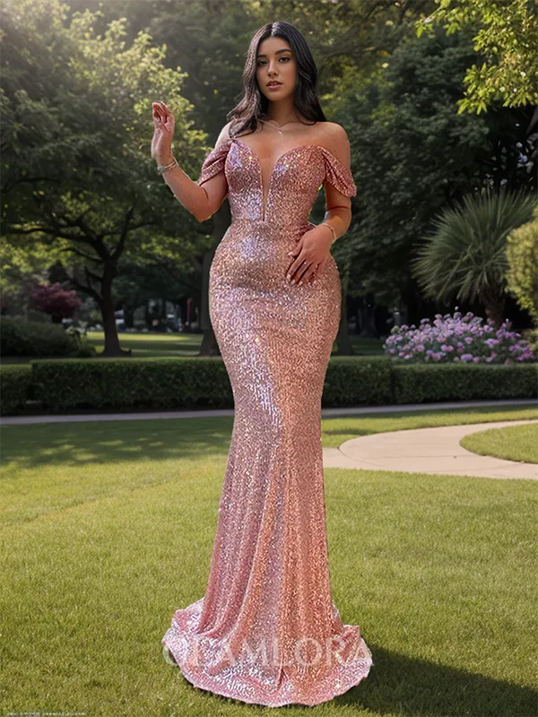 Sheath/Column Off-the-Shoulder Sweep Train Sequins Glistening Evening Dress