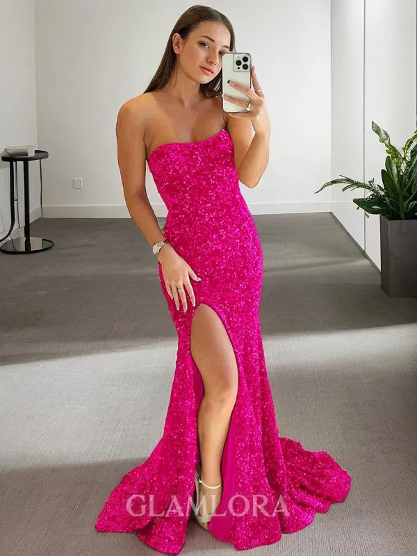 Shining Sheath/Column Strapless Sleeveless Sweep Train Velvet Sequins Corset Evening Dress With Slit