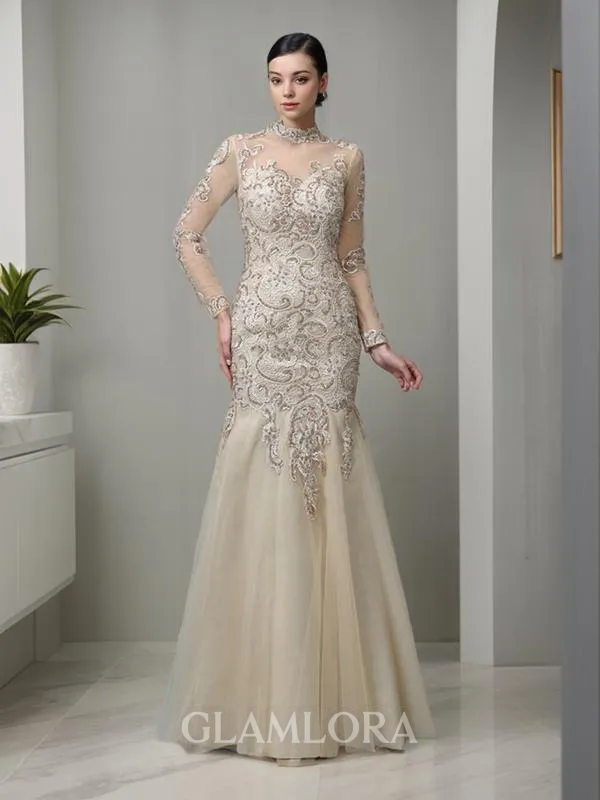 Sheath/Column High Neck Charming Long Sleeves Floor-Length Tulle Evening Dress With Applique