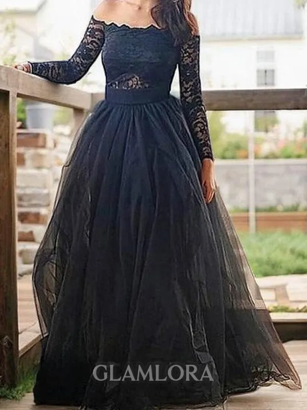 A-line Off-the-Shoulder Long Sleeves Chic Floor-Length Tulle Evening Dress With Lace