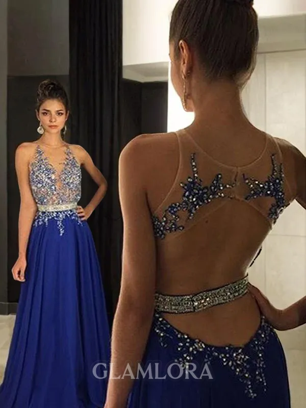 A-line V-Neck Sleeveless Floor-Length Stylish Chiffon Evening Dress With Applique