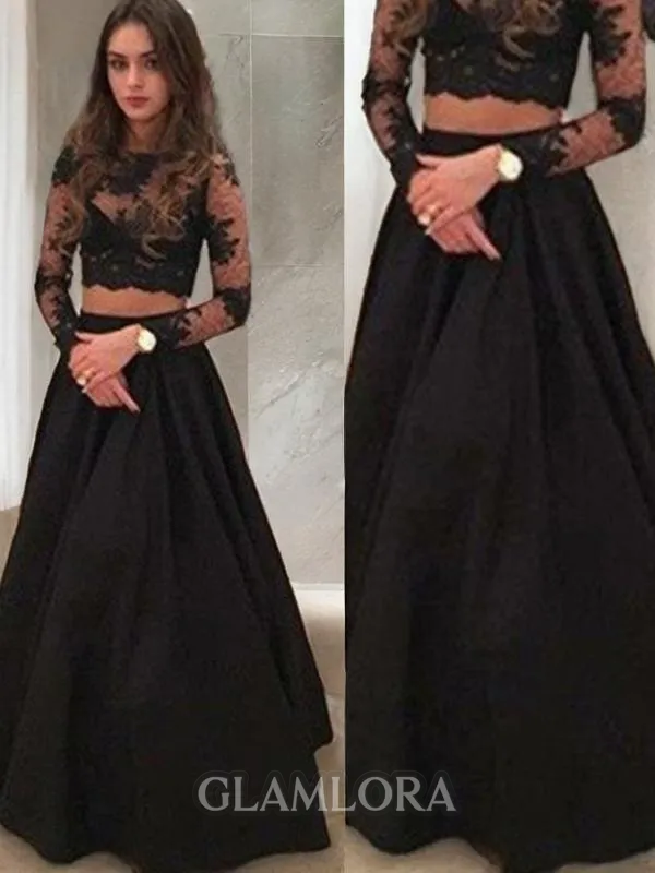 A-line Scoop Long Sleeves Floor-Length Satin Simple Evening Dress With Lace