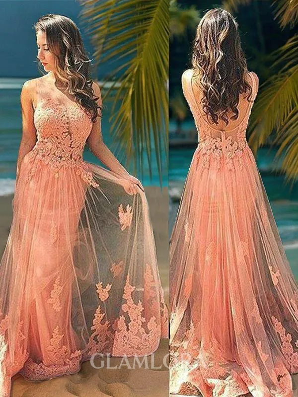 Sophisticated A-line Straps Sleeveless Sweep Train Tulle Evening Dress With Applique