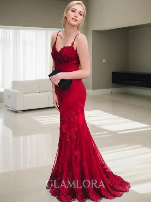 Trumpet/Mermaid Spaghetti Straps Elegant Sleeveless Sweep Train Lace Corset Evening Dress With Applique