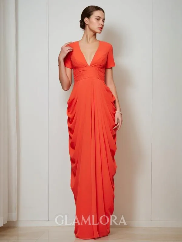Sheath/Column V-Neck Short Sleeves Floor-Length Hot Chiffon Evening Dress With Pleats