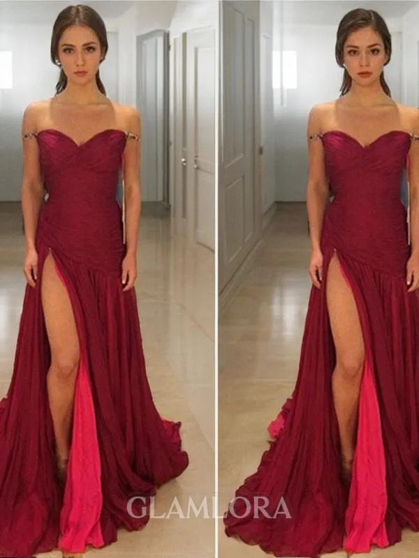 A-line Off-the-Shoulder Sleeveless Sweep Train Feminine Chiffon Evening Dress