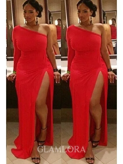 Sheath/Column One-Shoulder Long Sleeves Sweep Train Jersey Delicate Evening Dress With Ruched