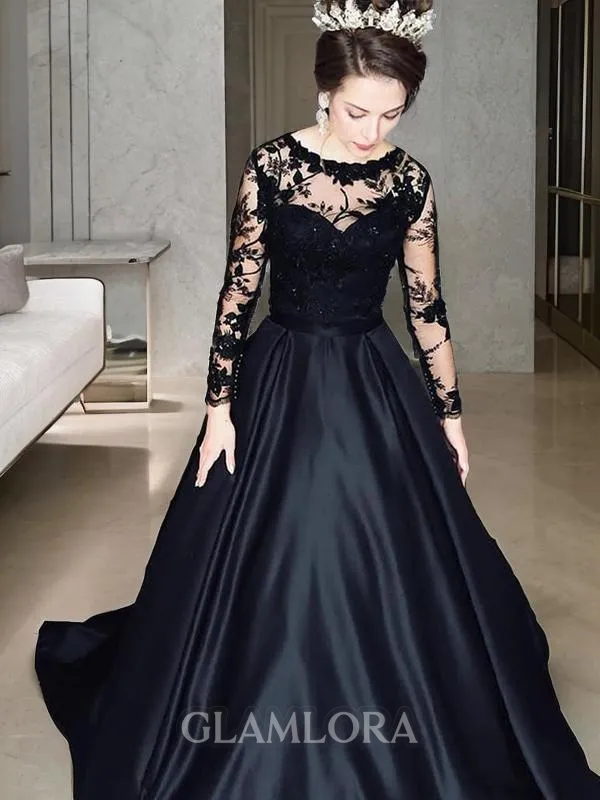 Beautiful A-line Bateau Long Sleeves Sweep Train Satin Evening Dress