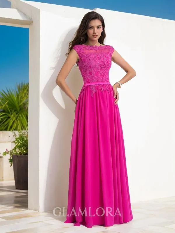 A-line Sheer Neck Sleeveless Floor-Length Chiffon Balanced Evening Dress With Lace