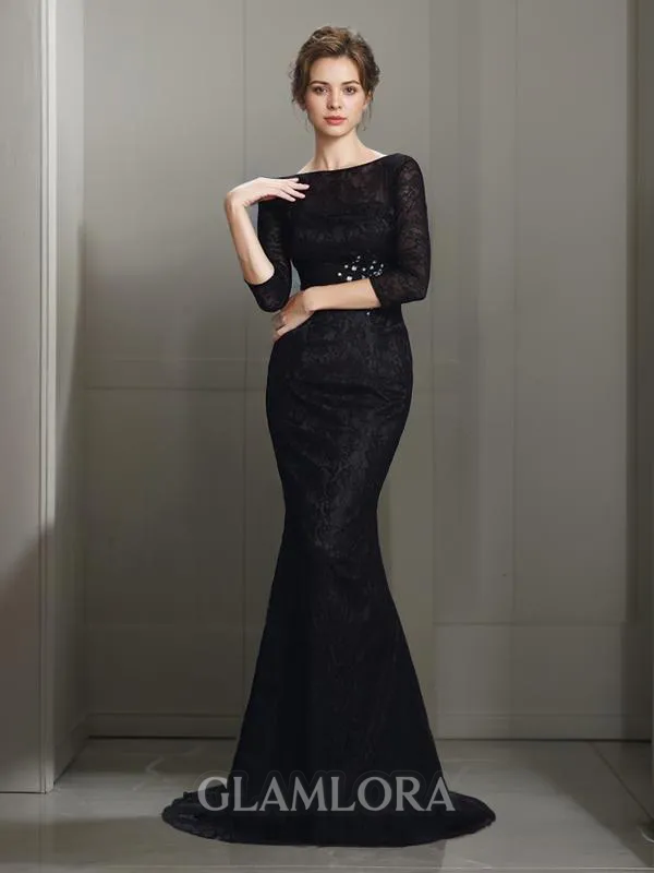 Glamorous Trumpet/Mermaid Bateau 3/4 Sleeves Sweep Train Silk like Satin Evening Dress With Lace