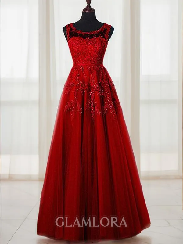 A-line Scoop Timeless Sleeveless Floor-Length Tulle Evening Dress With Beading