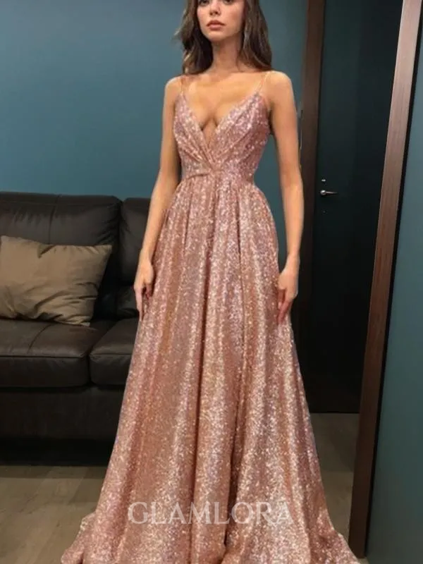 A-line Spaghetti Straps Sleeveless Glitter Floor-Length Sequins Evening Dress