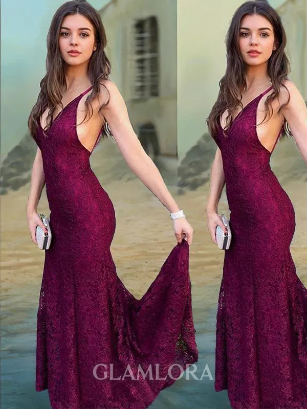 Trumpet/Mermaid V-Neck Sleeveless Sweep Train Striking Lace Evening Dress