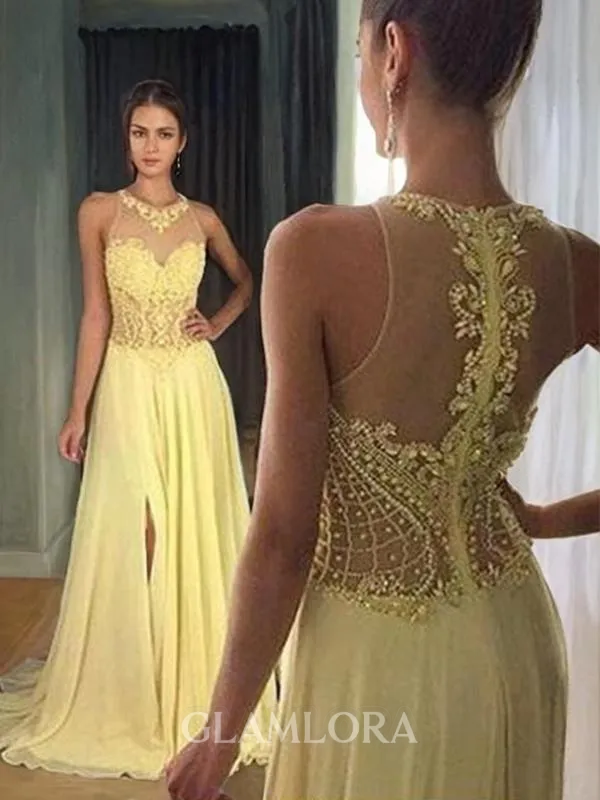 A-line Sheer Neck Sleeveless Sweep Train Elegant Chiffon Evening Dress With Beading