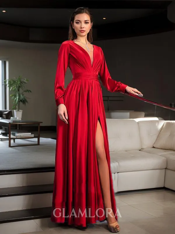 A-line V-Neck Long Sleeves Floor-Length Satin Chiffon Chic Evening Dress With Slit