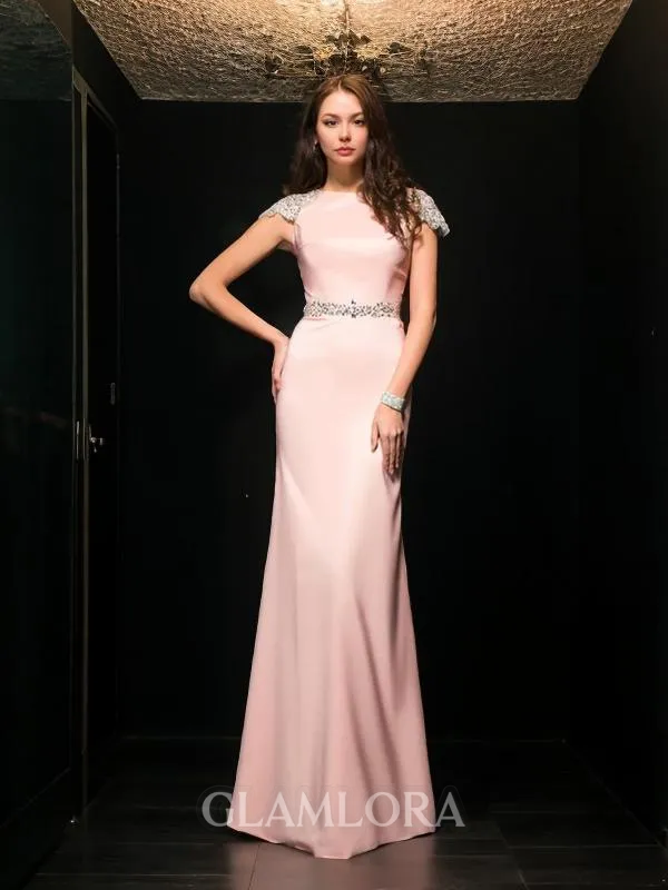 Stylish Sheath/Column Jewel Short Sleeves Floor-Length Satin Evening Dress With Beading
