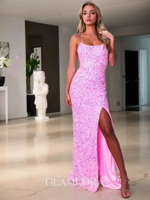 Sheath/Column Shiny Spaghetti Straps Sleeveless Sweep Train Velvet Sequins Evening Dress With Slit