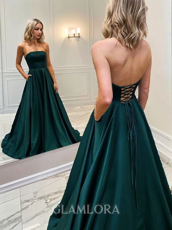 A-line Strapless Charming Sleeveless Sweep Train Satin Corset Evening Dress