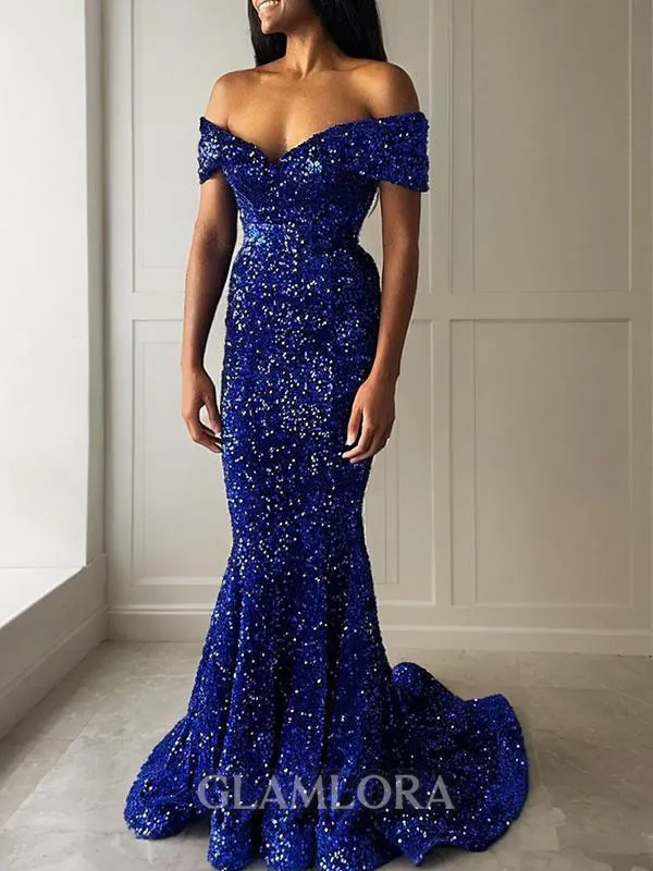 Trumpet/Mermaid Off-the-Shoulder Sleeveless Sweep Train Velvet Sequins Scintillating Evening Dress