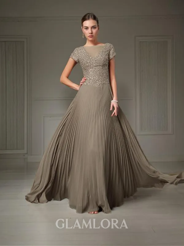 Perfect A-line V-Neck Short Sleeves Floor-Length Chiffon Evening Dress With Beading