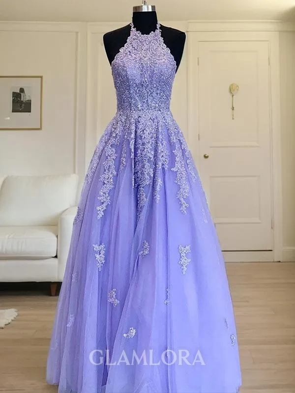 A-line Halter Sleeveless Fashion Floor-Length Tulle Evening Dress