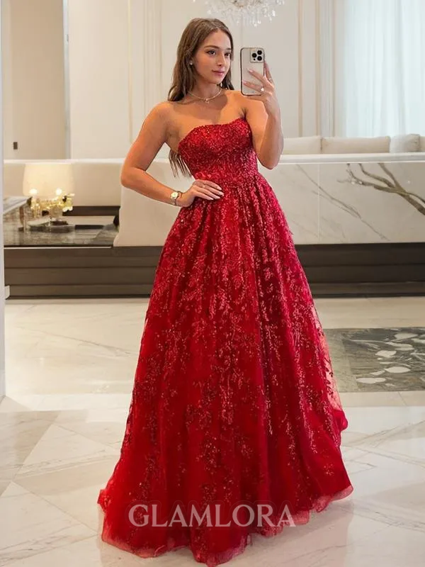 A-line Strapless Sleeveless Sweep Train Unique Tulle Corset Evening Dress