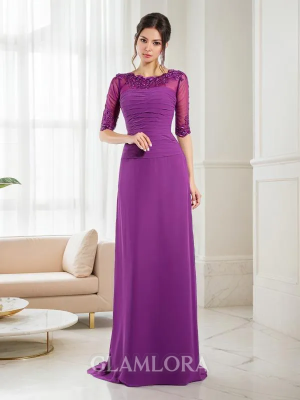 Sheath/Column Scoop 1/2 Sleeves Sweep Train Chiffon Classic Evening Dress With Applique