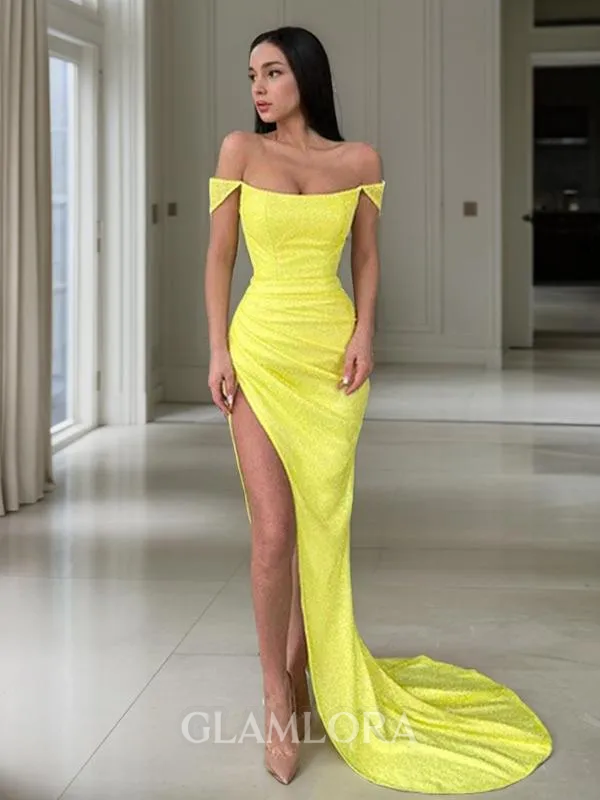 Sheath/Column Off-the-Shoulder Bedazzling Sleeveless Court Train Sequins Corset Evening Dress