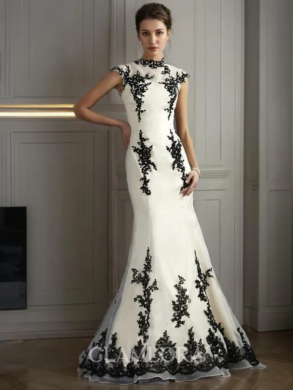 Trumpet/Mermaid High Neck Short Sleeves Sweep Train Sensual Organza Evening Dress With Applique