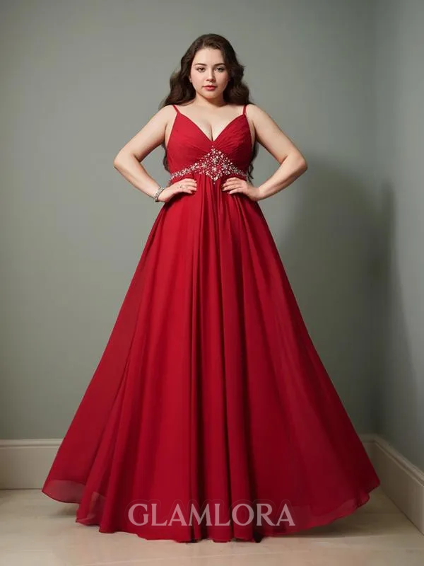 A-line Spaghetti Straps Sleeveless Delicate Floor-Length Chiffon Evening Dress With Beading