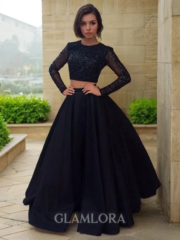 Ball-Gown Scoop Long Sleeves Floor-Length Pretty Satin Evening Dress With Beading