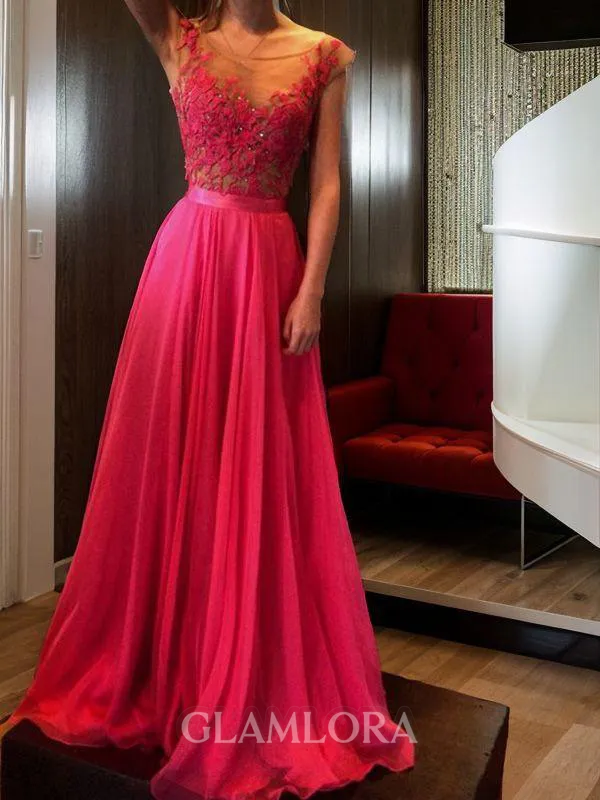 A-line Scoop Sleeveless Sweep Train Exquisite Chiffon Evening Dress With Applique