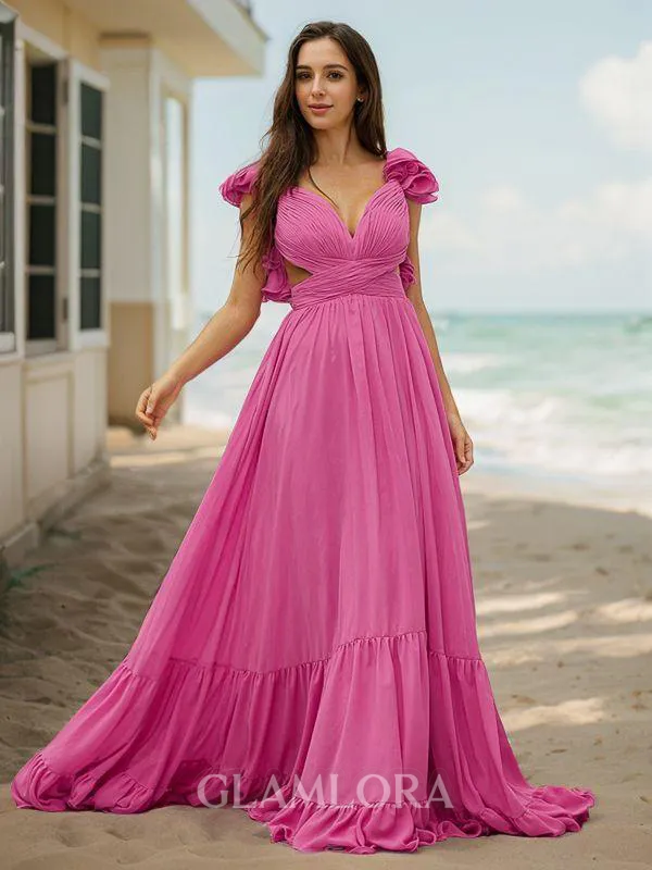 A-line V-Neck Balanced Sleeveless Sweep Train Chiffon Evening Dresses
