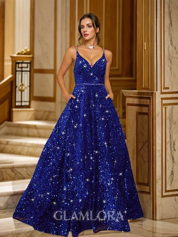 A-line V-Neck Luminescent Sleeveless Sweep Train Velvet Sequins Evening Dresses