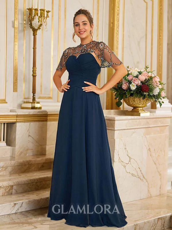 A-line Scoop Pretty Short Sleeves Sweep Train Chiffon Evening Dresses