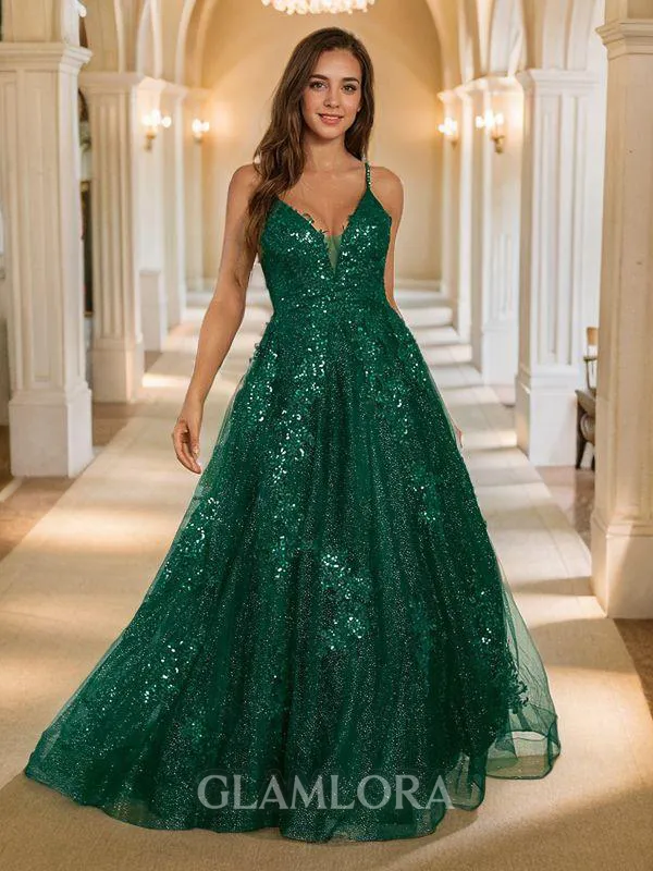 A-line V-Neck Trendy Sleeveless Floor-Length Lace Evening Dresses