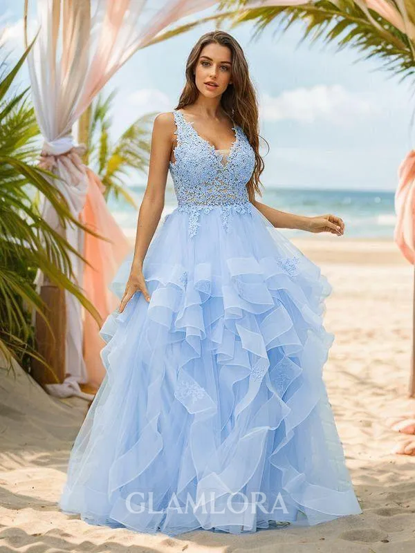 A-line V-Neck Delicate Sleeveless Floor-Length Tulle Evening Dresses