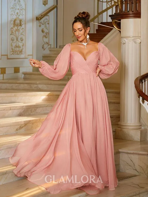 A-line V-Neck Glam Long Sleeves Floor-Length 30D Chiffon Evening Dresses