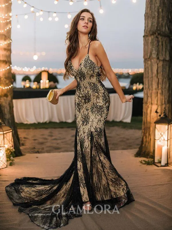 Sheath/Column V-Neck Sleeveless Court Train Minimalist Lace Evening Dresses