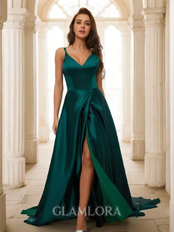 A-line V-Neck Sleeveless Court Train Feminine Silk like Satin Evening Dresses
