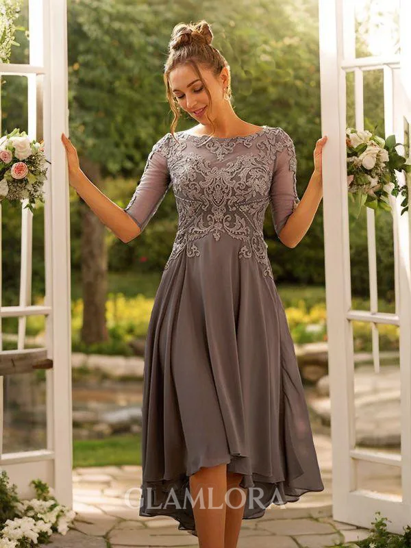 A-line Scoop Charming 1/2 Sleeves Asymmetrical Chiffon Evening Dresses