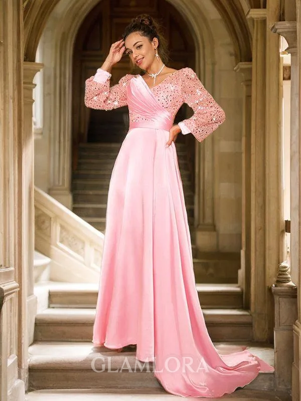 A-line V-Neck Exquisite Long Sleeves Sweep Train Silk like Satin Evening Dresses